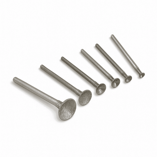 An assortment of six different sizes of Diamond bead shaping burrs for carving a bead or carving a circle shape in stone or glass