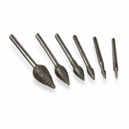 A collection of six teardrop-shaped, diamond-coated burrs for engraving and carving glass and stone. sizes from 1mm to 8mm, with a coarse-medium grit.