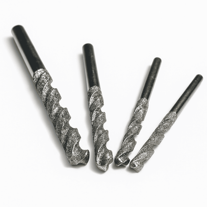 Assortment of four Diamond Twist Drill Bits for Glass, Beads & Pearls (0.75–3mm) on a white background