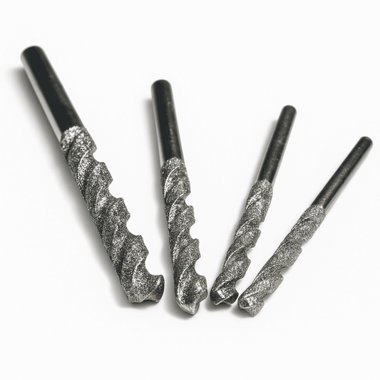 Assortment of four Small Diamond Twist Drills for enlarging holes in glass, stone, ceramic and hard materials.