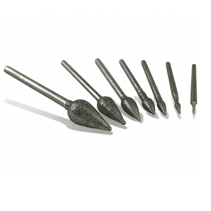 A collection of six teardrop-shaped, diamond-coated burrs for engraving and carving glass and stone. sizes from 1mm to 8mm, with a coarse-medium grit.