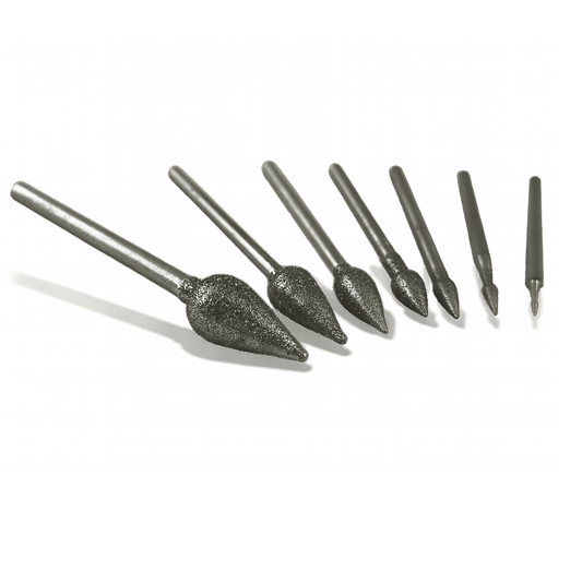 A collection of six teardrop-shaped, diamond-coated burrs for engraving and carving glass and stone. sizes from 1mm to 8mm, with a coarse-medium grit.