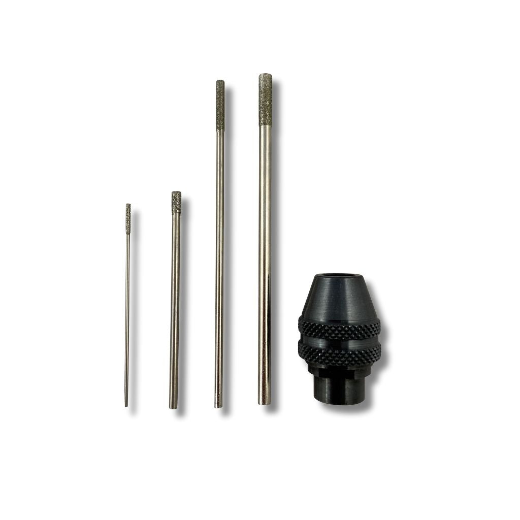 Diamond tipped drill bits set for your Dremel showing two small core drill bits and two diamond tripple ripple drill bits, and a multi chuck