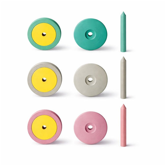 Three-step Diapol polishers for polishing platinum, titanium, glass and other metals. Nine polishers in three colours and three shapes: wheel, knife and pin.