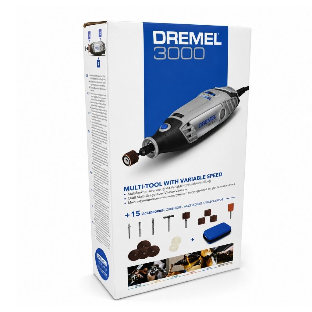 Dremel 3000 multi-tool packaging with images of the tool and accessories on a white background