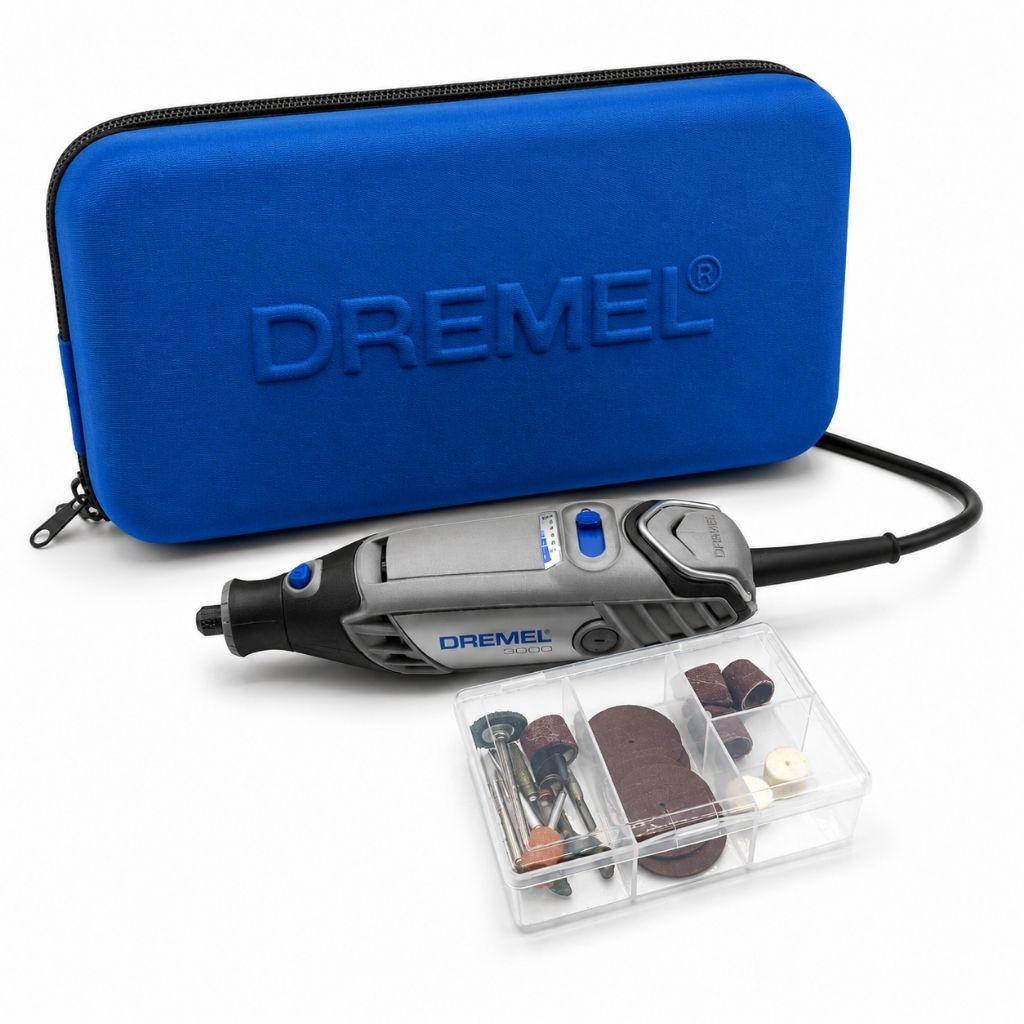 Dremel 3000-15 tool set with blue carrying case, handpiece,  and accessories in a clear box on a white background