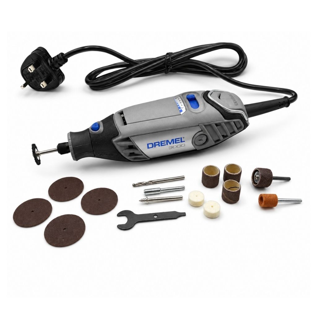 Dremel rotary tool with fifteen attachments on a white background