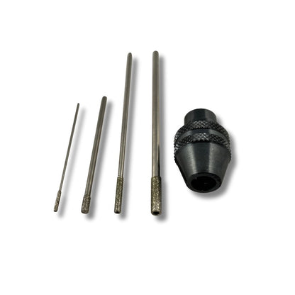 Diamond Drill Bits set for your Dremel showing a multi chuck and four sizes of diamond drill bits