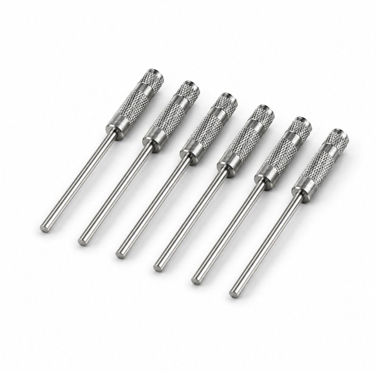 Set of six EVEflex pin mandrel 3mm x 2.35mm to hold 3mm pin polishers on a white background