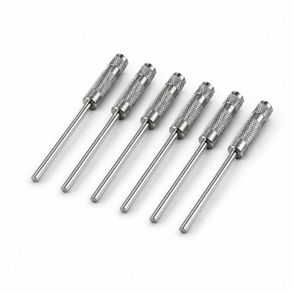 Set of six EVEflex pin mandrel 3mm x 2.35mm to hold 3mm pin polishers on a white background