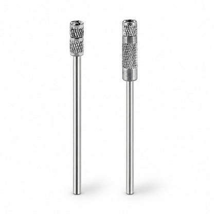 EVEFLEX Pin Mandrel to hold mini rubber silicone pin polishers. Showing 1mm pin mandrel and a 3mm pin mandrel, both on 2.35mm steel shanks