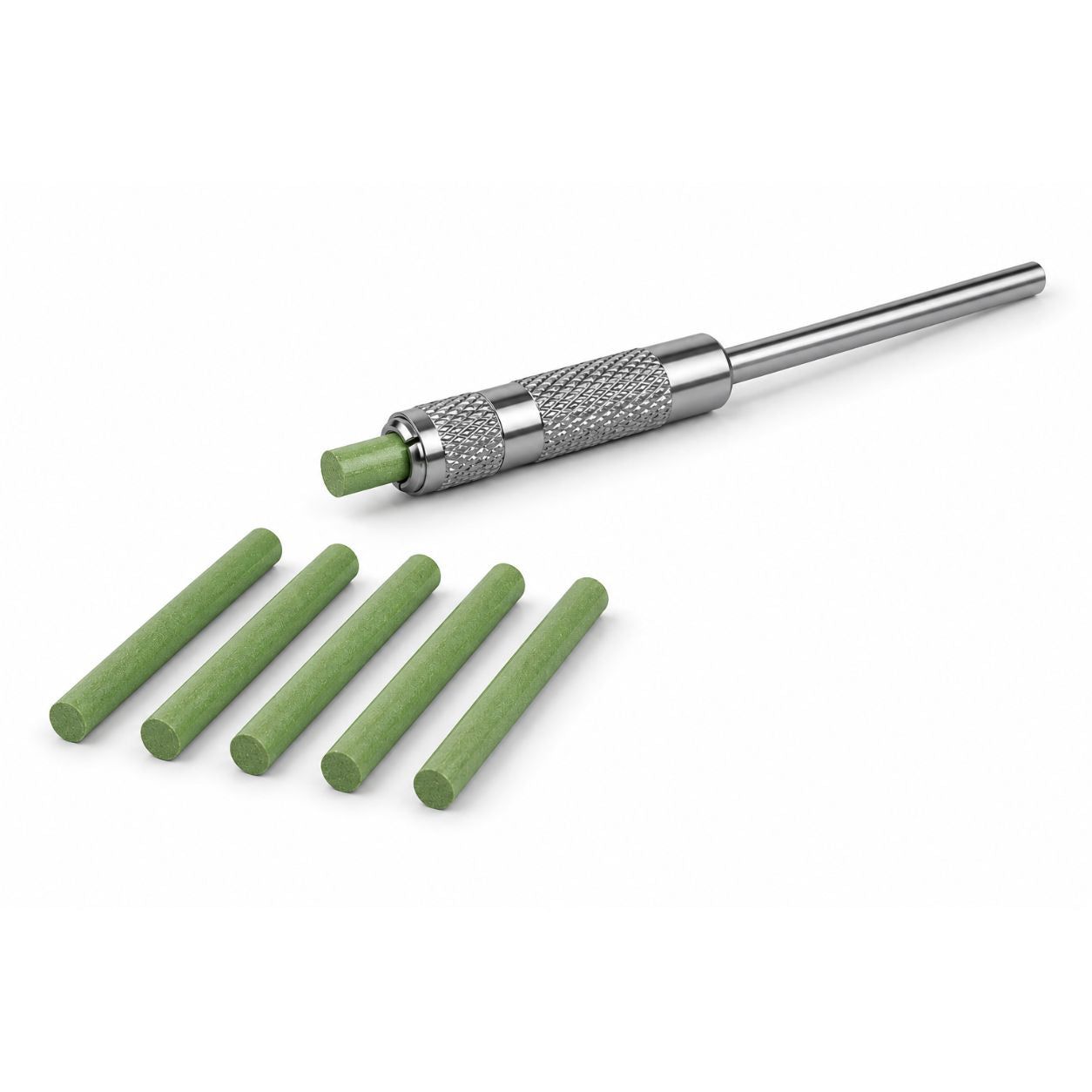 A 3mm stainless steel pin mandrel with a textured knurled handle and a long, 2.35mm straight shaft, shown with five green cylindrical EVEFLEX pin polishers inserts on a plain white background.