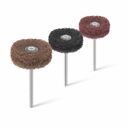 EVE Fiberwheels abrasive fibre buff wheels set. coarse brown, medium black and fine red. mounted on steel shanks