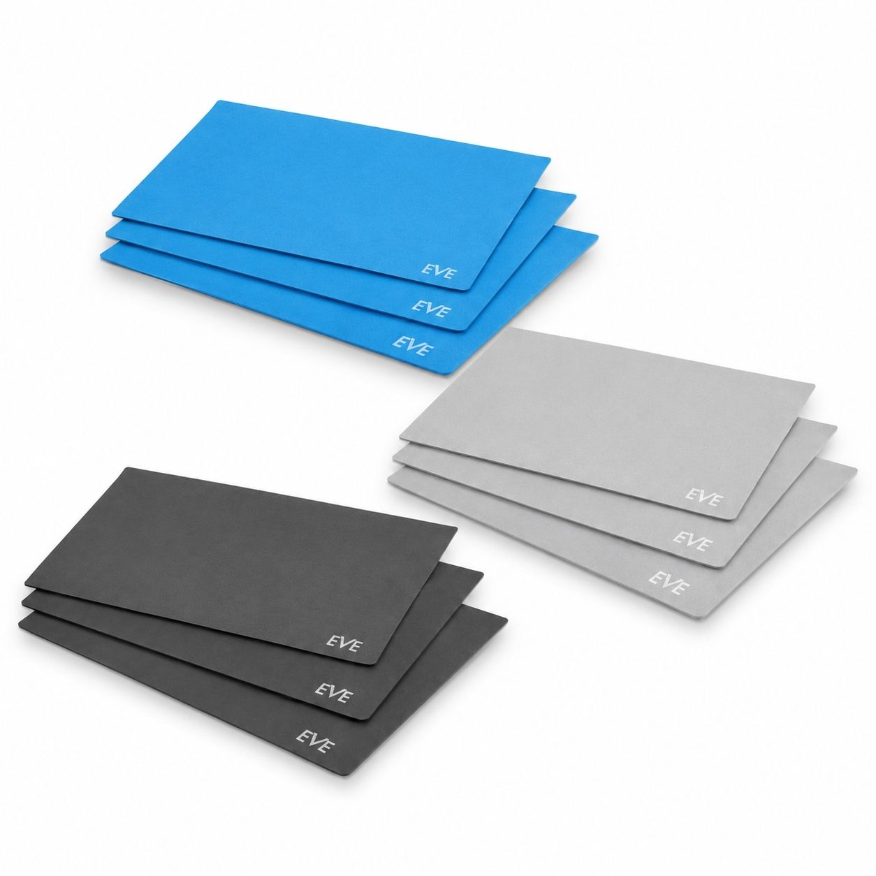 Showing nine Diamond Abrasive Polishing Cloths Sets of three. Three, EVE Policloth 10 Microns (K2400) Blue, three 5 Microns (K4000) Dark Grey and three 2 Microns Grey (K12000) diamond Policoth, all packs of three. For polishing all surface contours. 