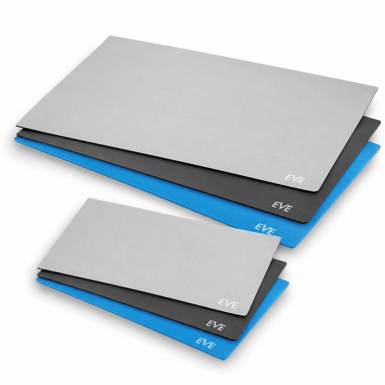 Showing two sets of three, EVE Diamond Abrasive Polishing Cloths.  Policloth sets of three are shown in large grey, blue and dark grey and three sets of small policloths in the same grades and colours, all on a white background