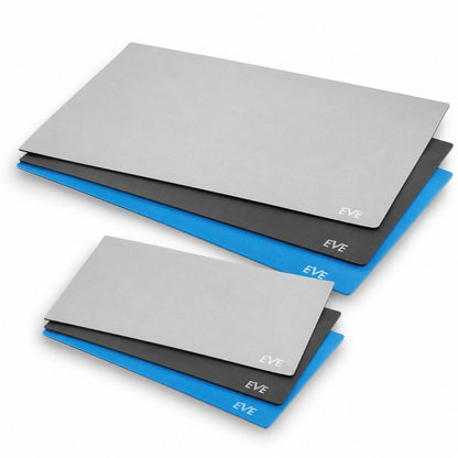 Showing two sets of three, EVE Diamond Abrasive Polishing Cloths.  Policloth sets of three are shown in large grey, blue and dark grey and three sets of small policloths in the same grades and colours, all on a white background