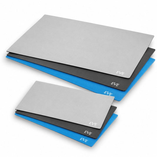 Showing two sets of three, EVE Diamond Abrasive Polishing Cloths.  Policloth sets of three are shown in large grey, blue and dark grey and three sets of small policloths in the same grades and colours, all on a white background