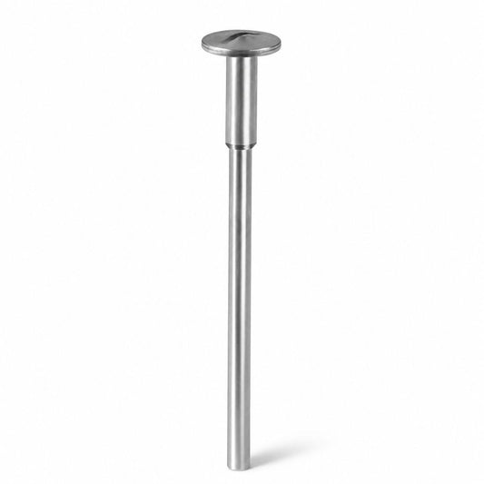 Stainless steel, stepped screw mandrel for cutting wheels. 8mm diameter head on a 2.35mm shank. shown standing upright on a white background