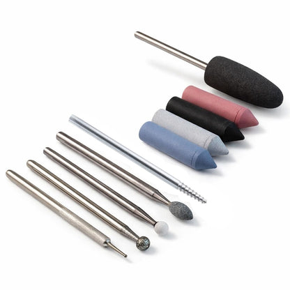 Ten piece Glass engraving kit with diamond burrs, stone burrs and polishers (2.35mm shank)