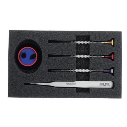 Horotec Watchmakers Kit with three screwdrivers, eyeglass and tweezers in a foam-lined case.