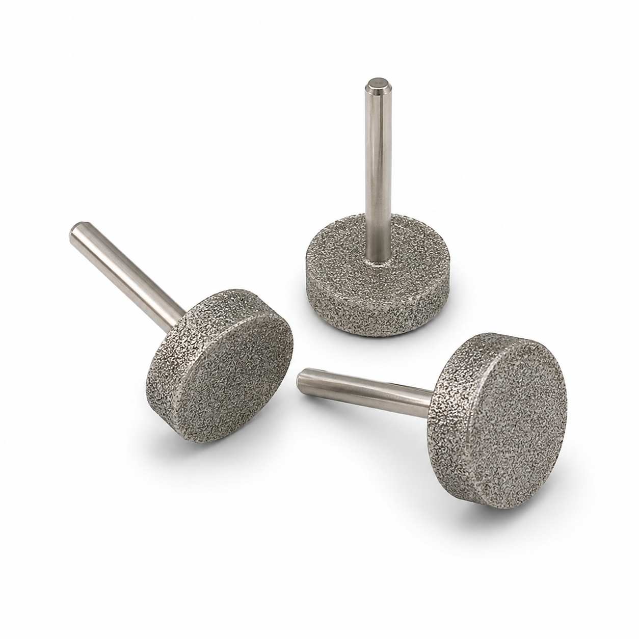 Three Large diamond square edge wheel burrs, 240 grit, with 6mm shanks for grinding glass and stone