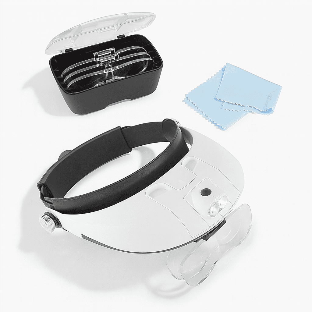Lightcraft Professional LED Headband Magnifier with 5 Lenses in a box and a blue cleaning cloth all on a white background