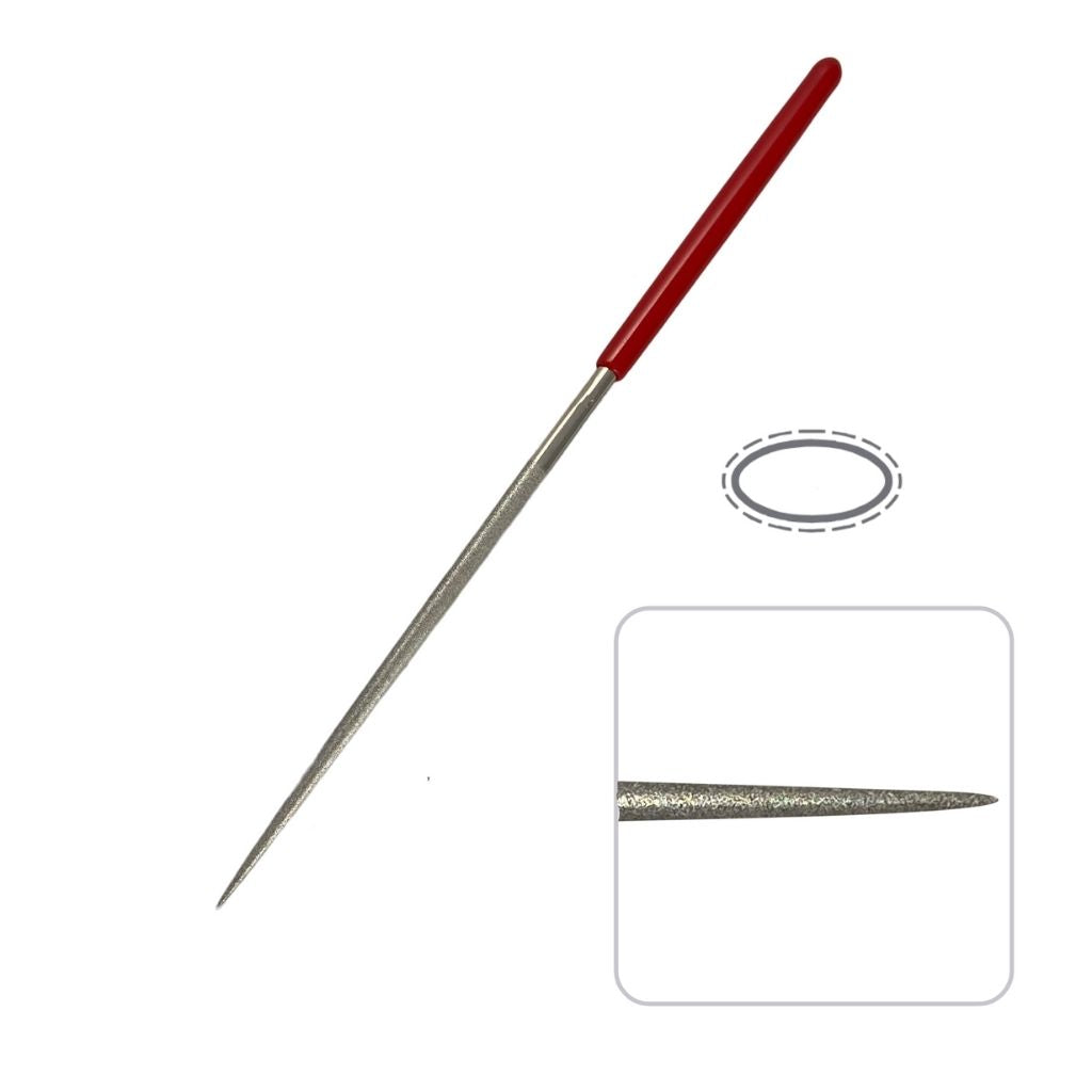 Oval shaped diamond needle file 140mm x 70mm, 600 fine diamond grit. Red rubber handle