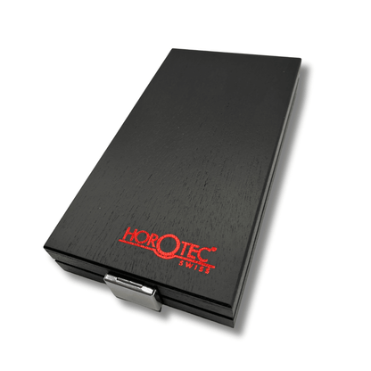 Black rectangular wooden box with red 'Horotec Swiss' logo holds four Horotec tweezers