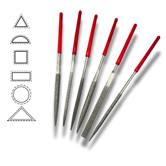 Six mini diamond files with red handles arranged in a fan shape, shown with dashed-outline icons representing the six file profiles: triangle, half-round, square, flat, round, and barrette.