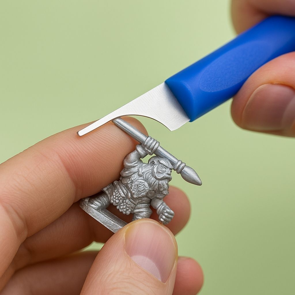 Hand holding a small plastic figurine with a blue mouldline removing tool against a green background