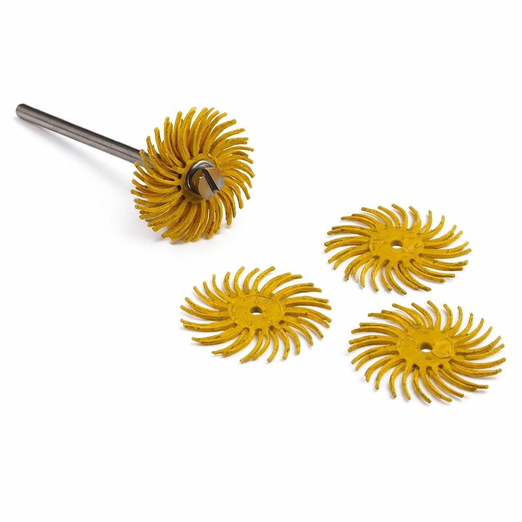 3M Radial Bristle Polishing disc in Yellow 80 grit. three shown on a mandrel and three on a white background