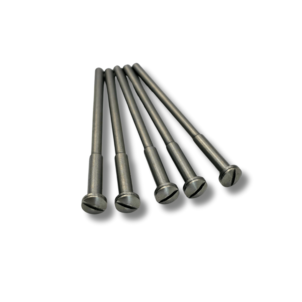 Set of 5 Stepped heavy duty screw mandrels with a 2.35mm shank for holding wheel polishers and slitting discs