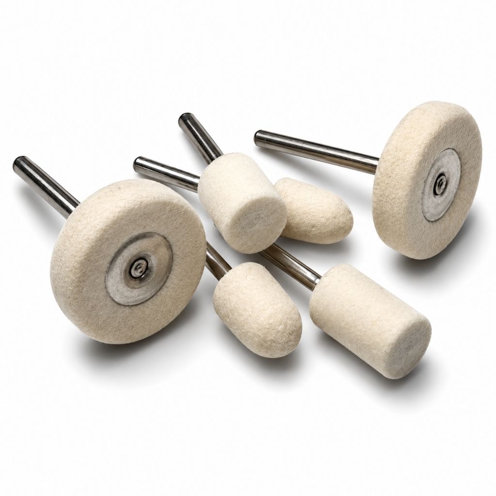 Set of six white polishing wheels, cones and cylinder shaped felt polishers with 3mm metal shanks on a white background