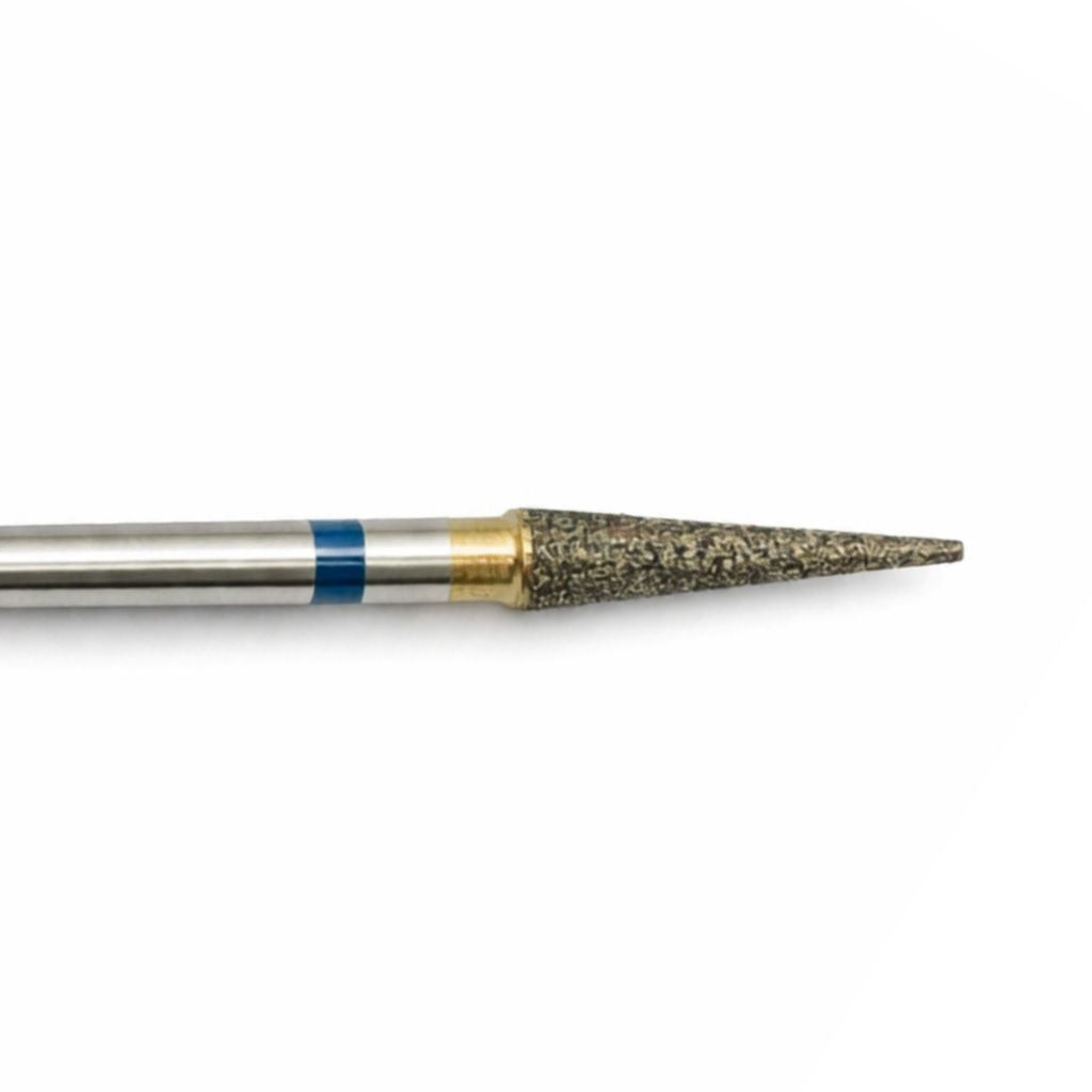 close up of tip of sintered diamond burr 3mm flat end taper. mounted on a  2.35mm shank