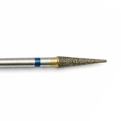 close up of tip of sintered diamond burr 3mm flat end taper. mounted on a  2.35mm shank