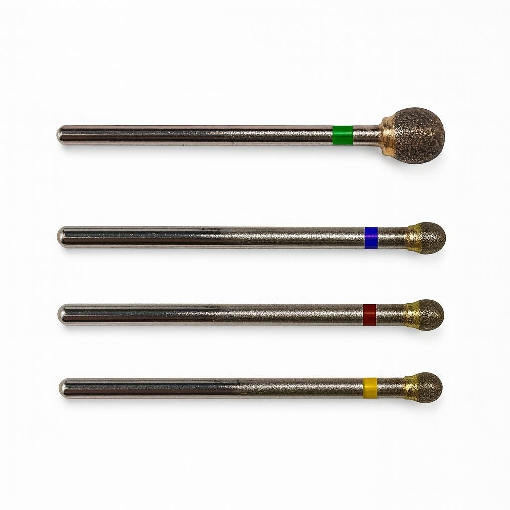 showing four sintered diamond ball burrs on 2.35mm shanks. diameter sizes from 3mm to 6mm. grits from coarse to extra-fine
