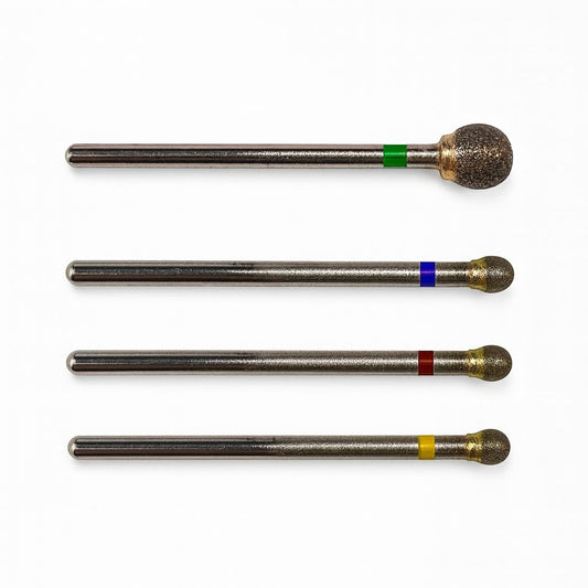 showing four sintered diamond ball burrs on 2.35mm shanks. diameter sizes from 3mm to 6mm. grits from coarse to extra-fine