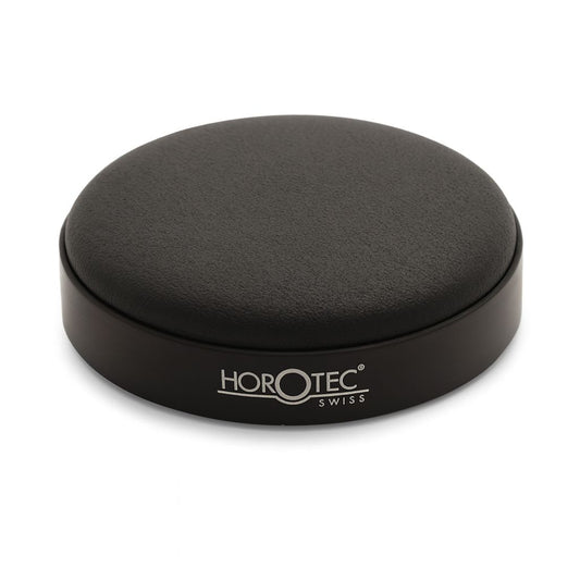 Horotec Watch case cushion 75mm diameter for watch and clock repair. Black leather cushion in a black anodised aluminium ring