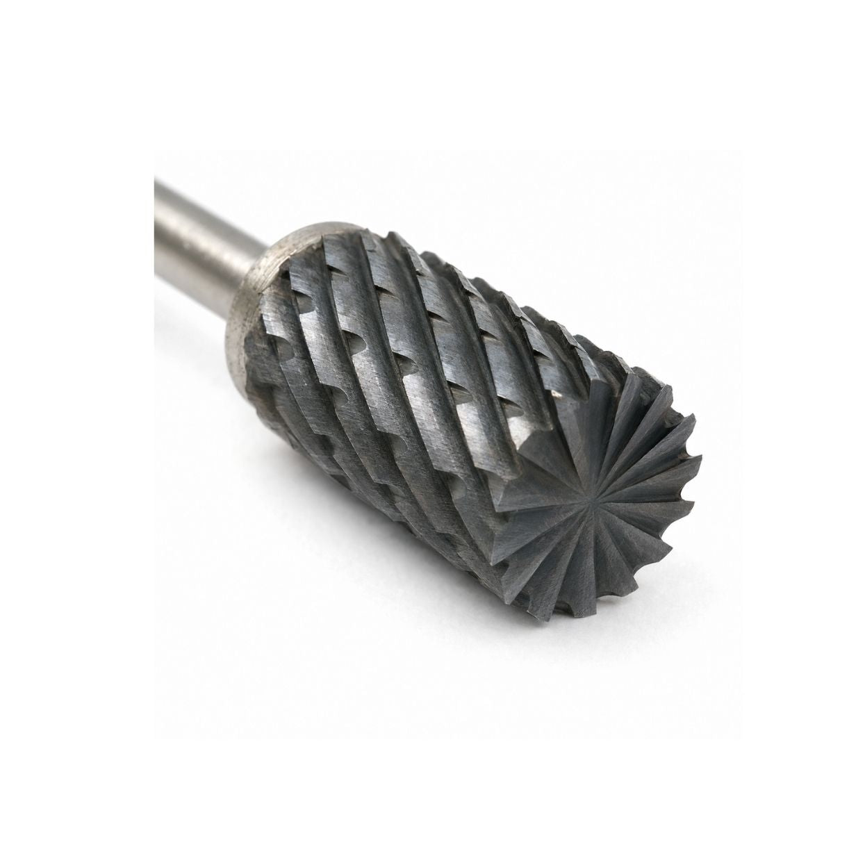 Close-up of end-cut teeth on 6mm tungsten carbide cylinder burr