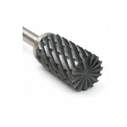 Close-up of end-cut teeth on 6mm tungsten carbide cylinder burr