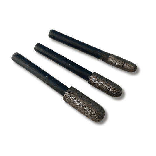 three diamond sintered grinding cylinder burrs mounted on a steel shank. diameter sizes 6mm, 8mm and 10mm