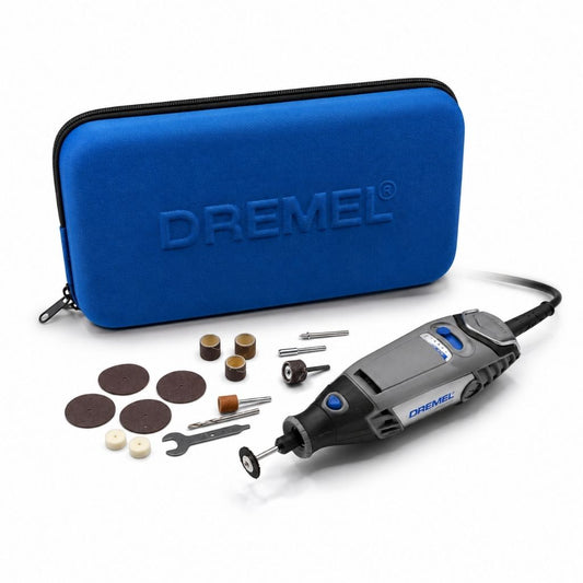Dremel 3000 rotary tool kit with 15 accessories and soft carry case on a white background