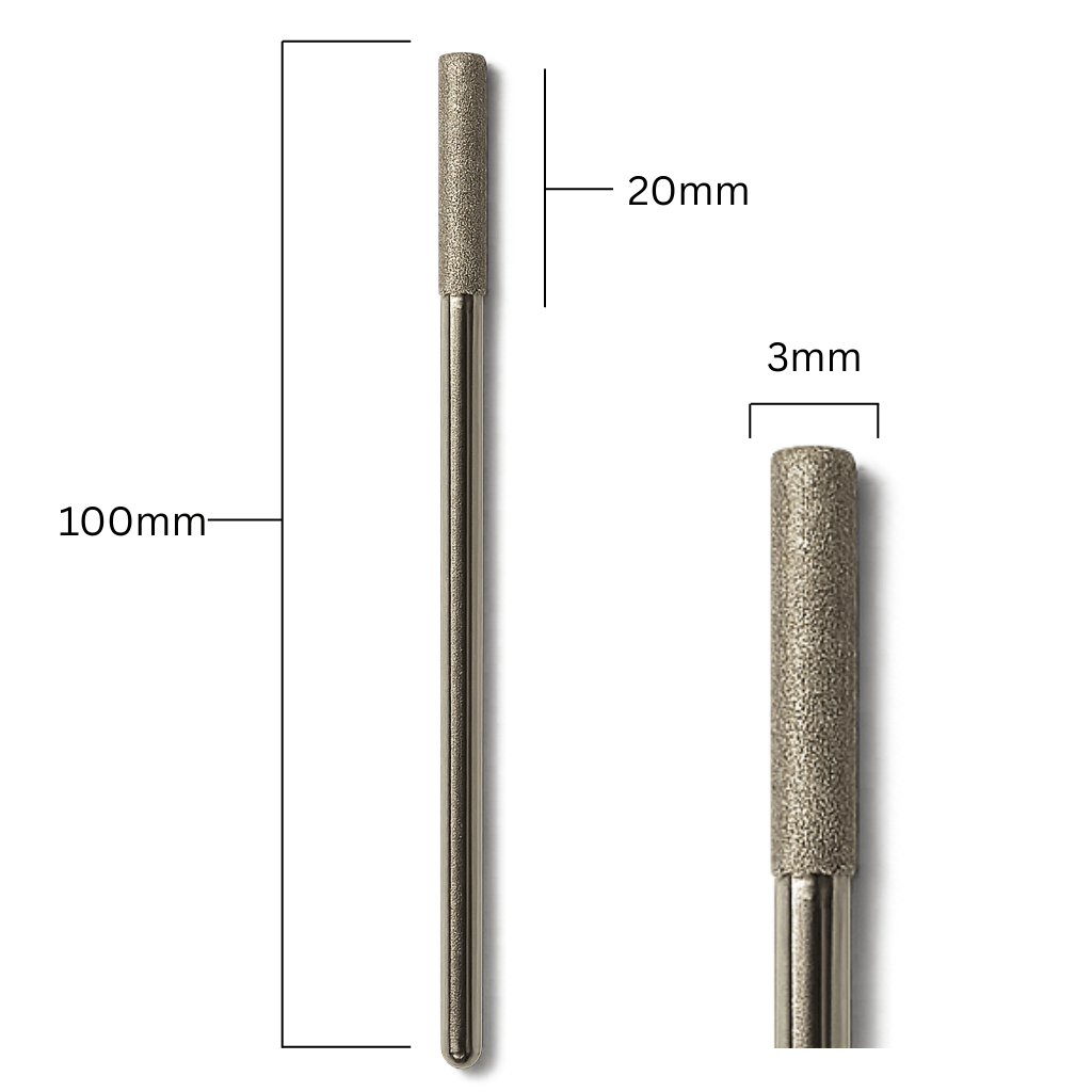 Extra Long Shank 3mm x 100mm Diamond Drill Bit showing the dimensions and close up of diamond grit