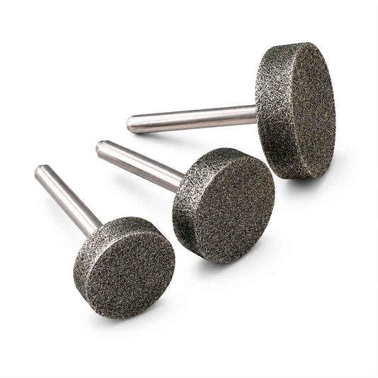 Three large diamond wheel burrs in sizes 25mm, 30mm and 40mm diameter, all with 6mm shanks. Coarse, 80 grit on a white background