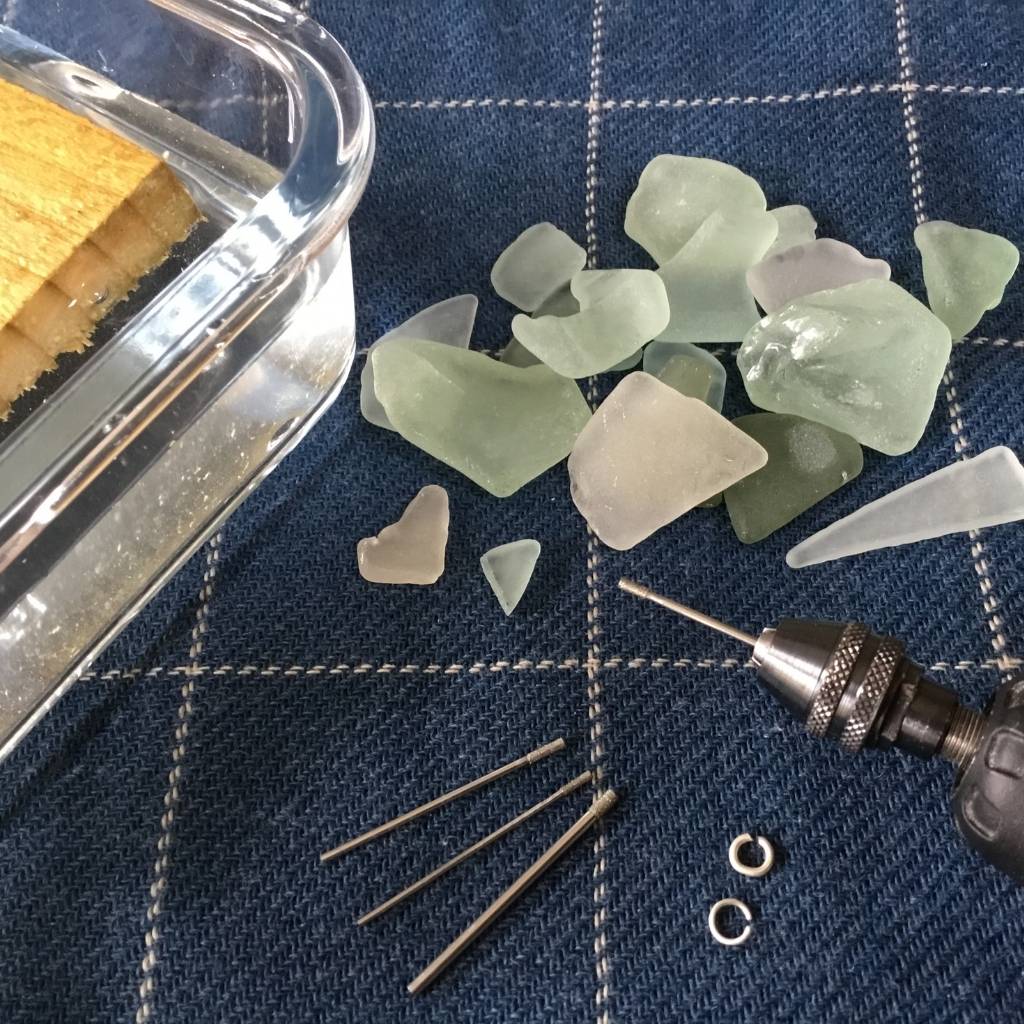 Showing the set up of tools for Drilling Sea Glass using a Dremel Chuck and Diamond drill bits