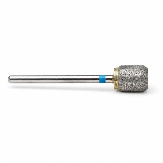 A sintered diamond drum-shaped rotary burr bit with a long 2.35mm steel shank, 8mm x 6mm x 2.35mm. engrave, sculpt and grind. glass, stone, porcelain, hard woods. Shows a brass collar, and a small blue accent band, shown on a plain white background.